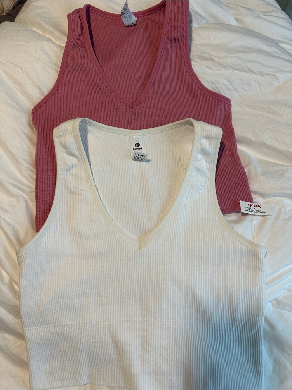 90 Degree By Reflex V-Neck Ribbed Tank Tops - White & Dusty Rose